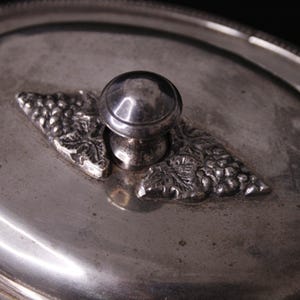 May include: Close-up of a silver lid with a grapevine design and a round knob. The lid is likely for a serving dish or container.