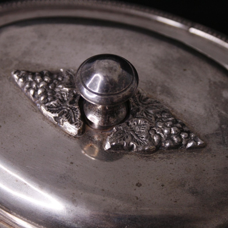 May include: Close-up of a silver lid with a grapevine design and a round knob. The lid is likely for a serving dish or container.