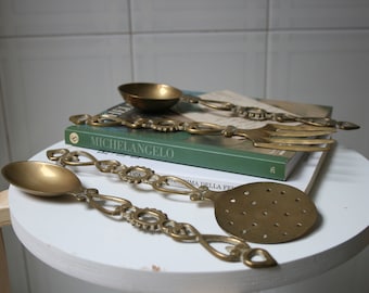 Set of 4 vintage large brass kitchen tools: fork, 2 spoons and noodle strainer, Vintage kitchen decor