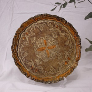 Vintage Florentiner Holztablett Hand bemaltes Orange und Gold Holztablett Made in Italy 24 cm