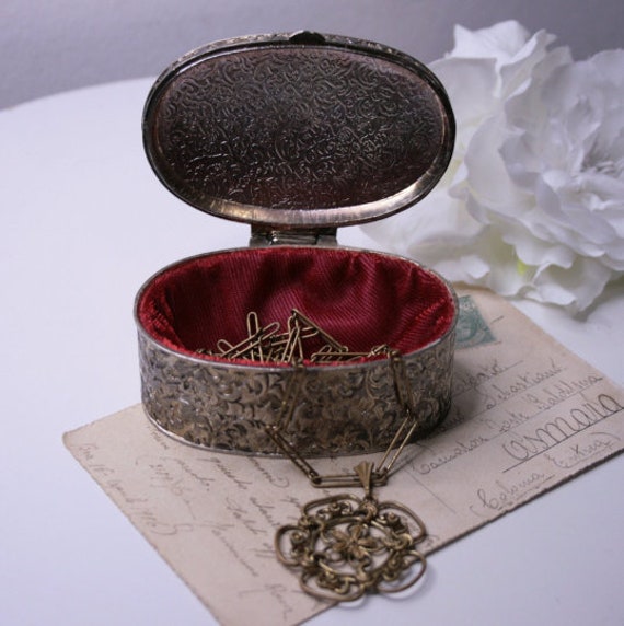 Embossed Silver Trinket Box Vintage Oval Jewelry Box Red Velvet