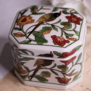 Decorative floral bird porcelain trinket box Vintage St. Etienne hand-painted jewelry box