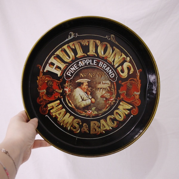Vintage round metal tray Huttons Hams and Becon Collectible tray Black tray