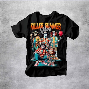 May include: Black t-shirt with the text "Killer Summer Vibes" in orange and white. The graphic features cartoon characters dressed in Hawaiian shirts and holding items like ice cream and a balloon. The characters are based on horror movie icons.