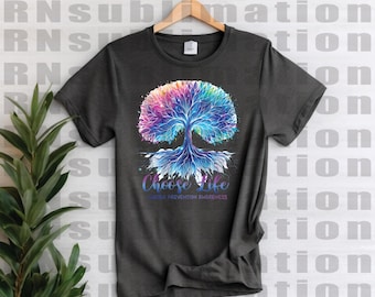 May include: A dark gray t-shirt with a colorful tree design and the text "Choose Life" with the words "Suicide Prevention Awareness" underneath.