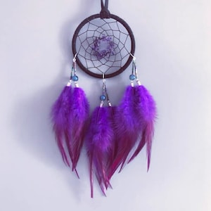 Purple Mini Dreamcatcher, Purple Crystal Feather Dreamcatcher, Car Mirror Decor, Small Decoration 3.1 Inch Hoop