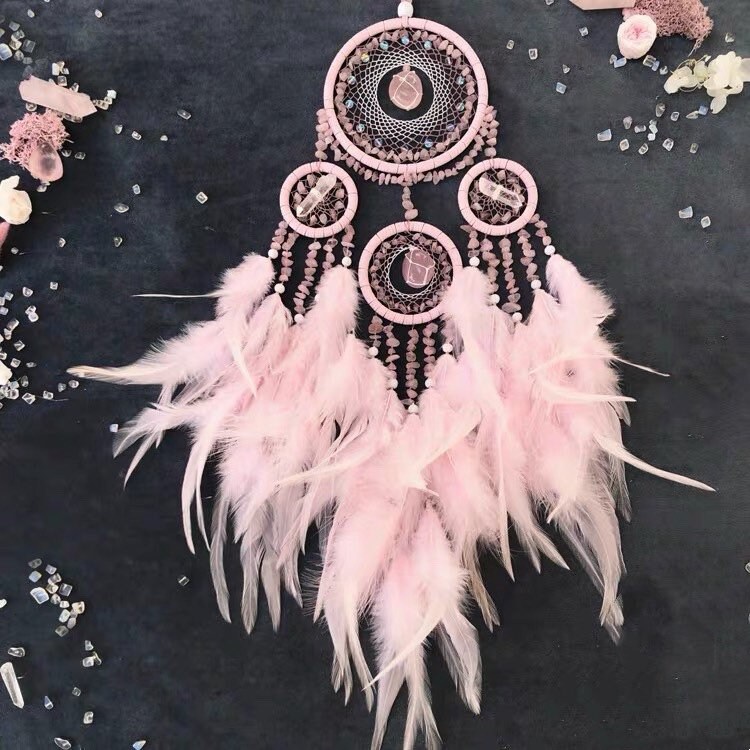 Nature Stone Dreamcatcher With Starlight Rose Quartz, Pink