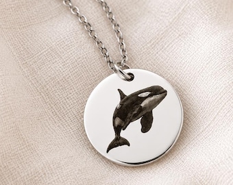 Orca Necklace- Custom Engraved Stainless Steel Pendant - Waterproof 18k Gold & Rose gold plating