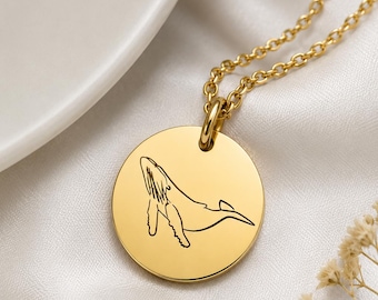 Minimalist Humpback Whale Necklace – Custom Engraved Pendant - Waterproof 18k Gold & Rose Gold plating