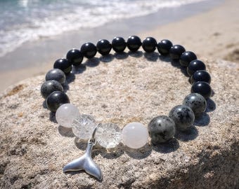 Orca Bracelet: Obsidian, Labradorite & Quartz Natural Gemstones