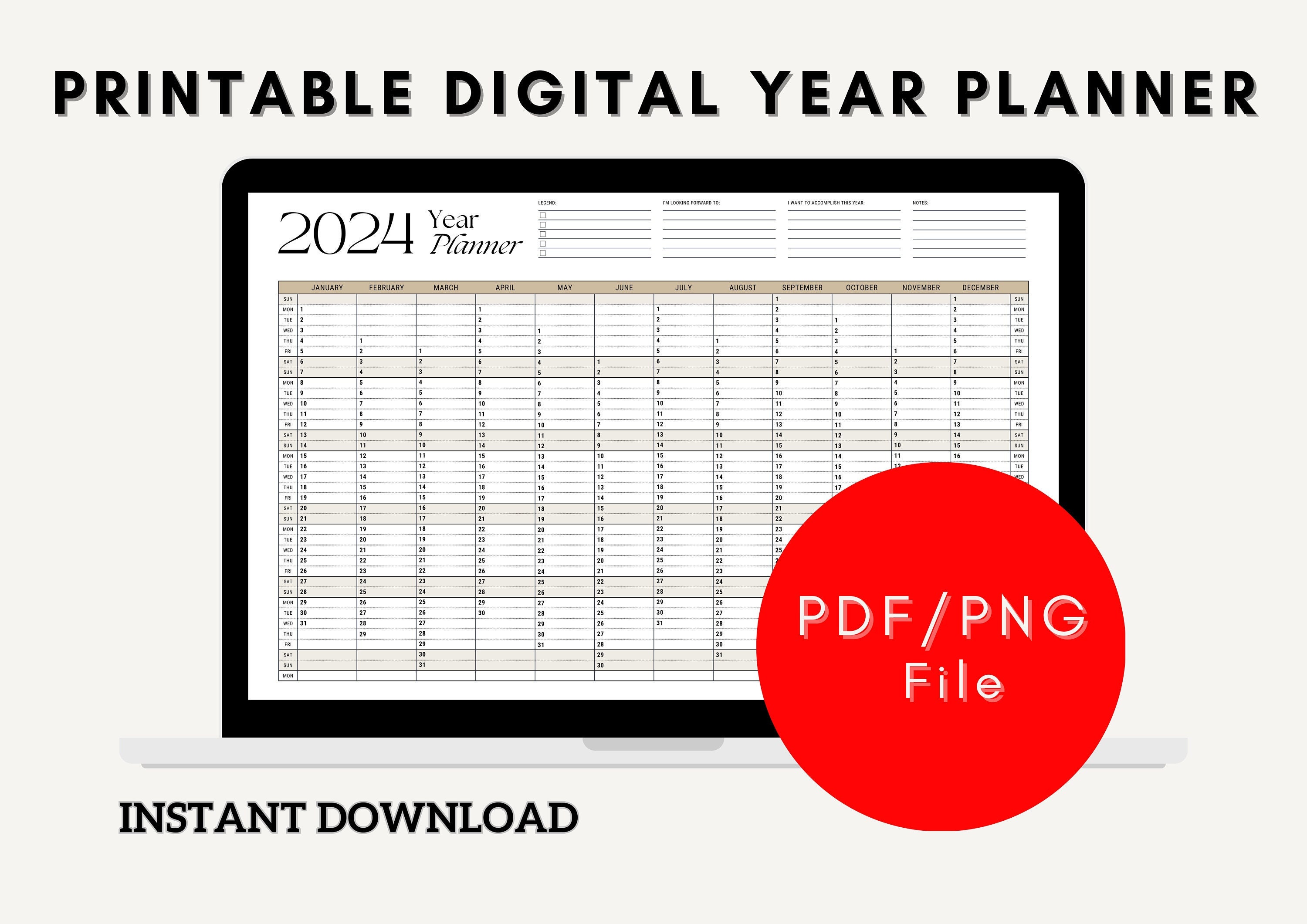 Printable 2024 Calendar, 2024 Year Calendar, Digital Calendar ...
