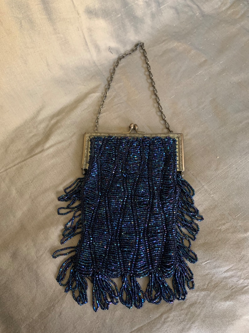 Vintage 1920s Art Deco Beaded Purse • Iridescent Carnival Glass Beads ...