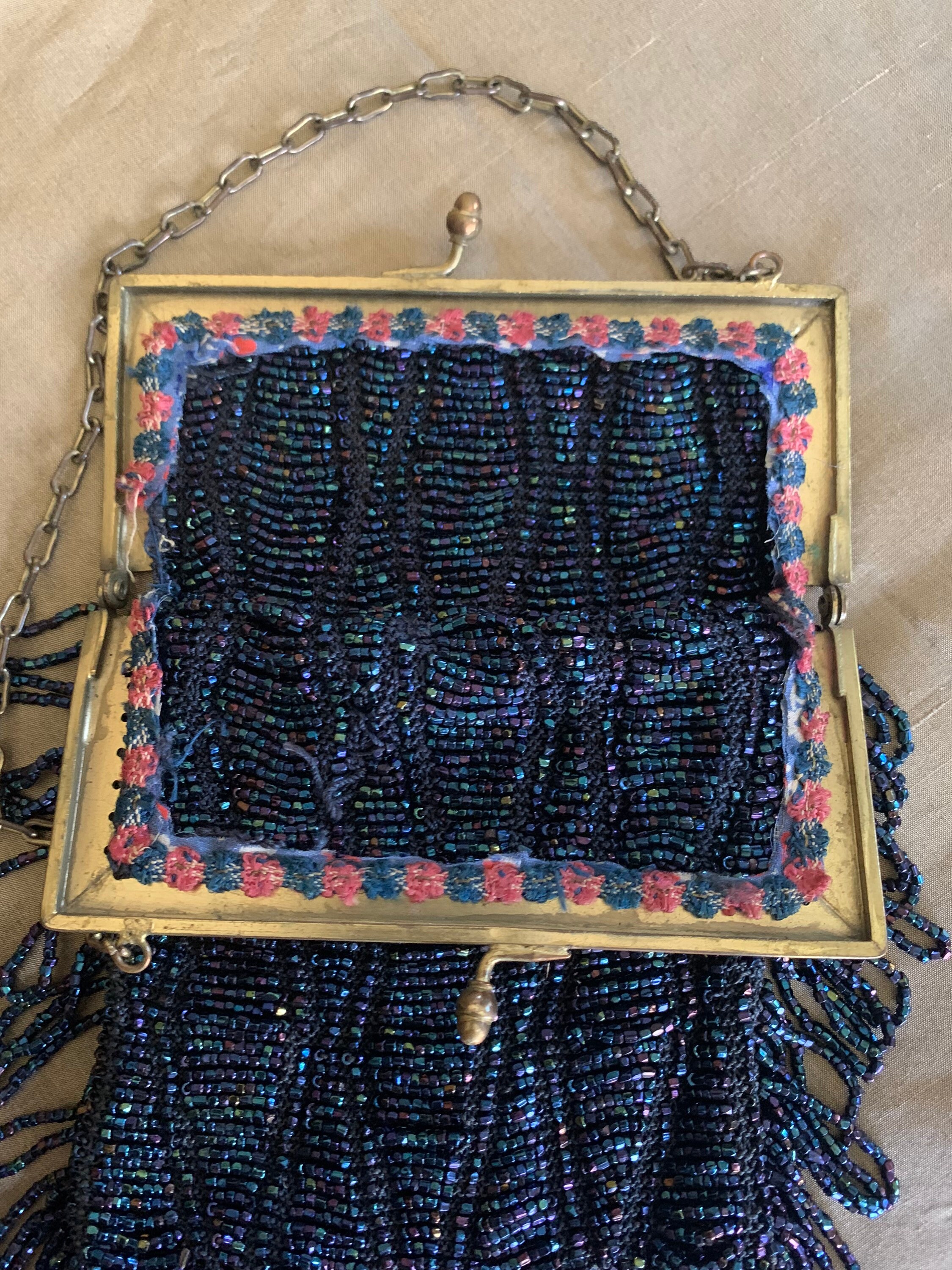 Vintage 1920s Art Deco Beaded Purse • Iridescent Carnival Glass Beads ...