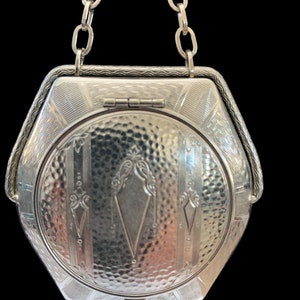 Antique Art Deco Silver Plated Makeup Mirror Compact with Chain
