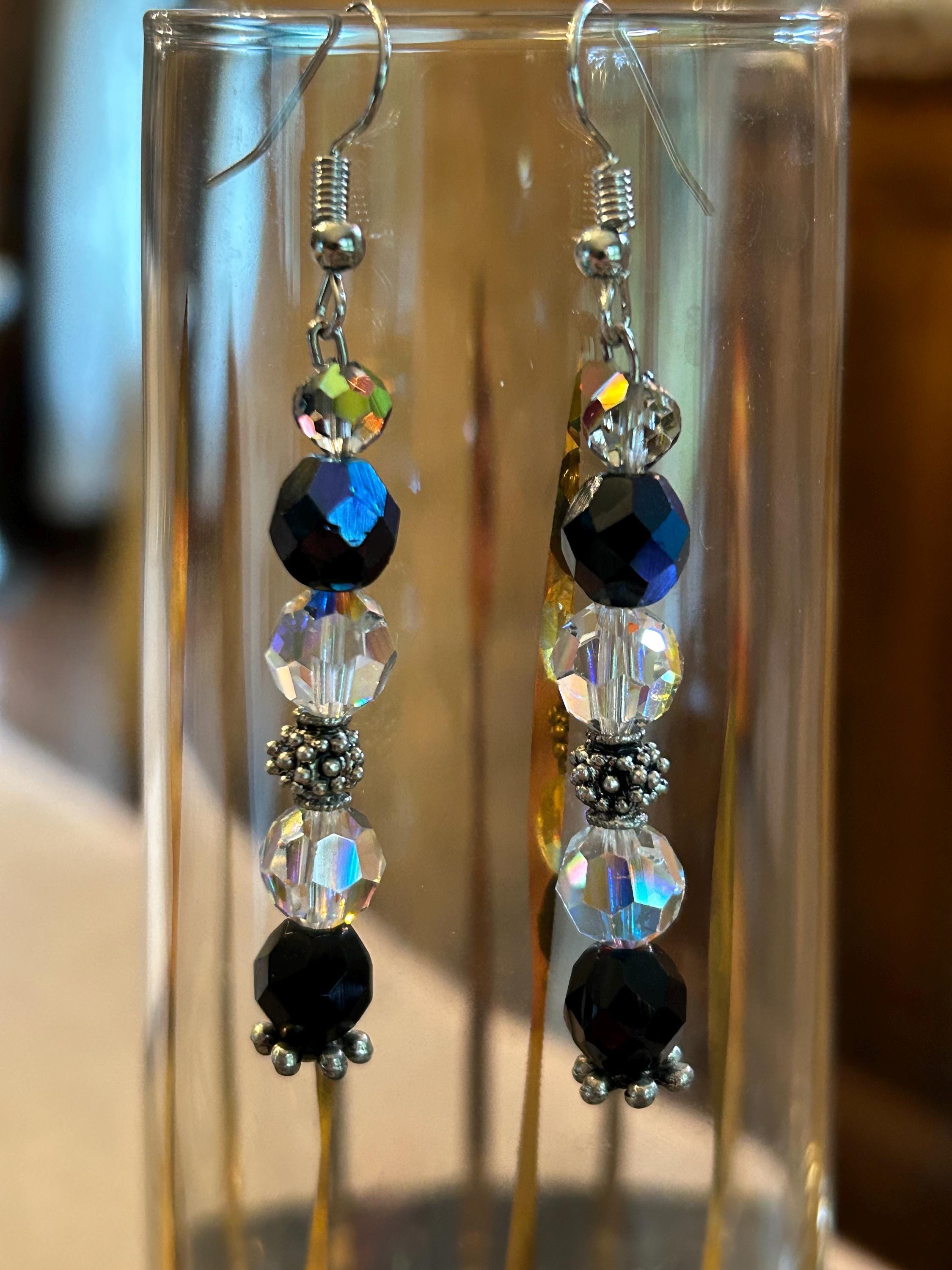 Boucles D'oreilles Percées Vintage Avec Perles Et Cristal Boréalis - Modèle Tombant, Bon état (5236)