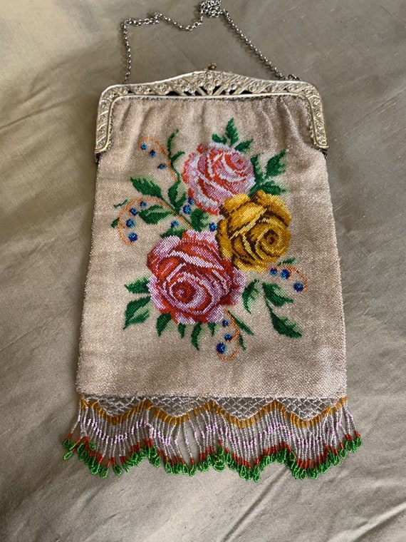 Early 1900s micro beaded purse flowers fringe