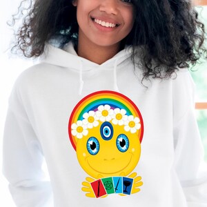 Happy Face Tarot Psychic Empathic Reader Emoji Third Eye Evil Eye Daisy Flowers Rainbow Unisex Hoodie