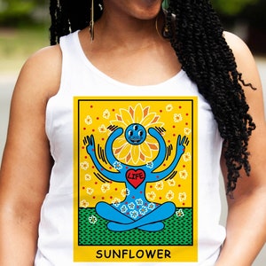 Camiseta con diseño de girasol, amor, vida, tarot, cartas del oráculo, pop art, espiritual, nueva era, ocultismo