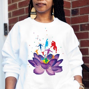 Lotus Heroes Sprouting In Full Bloom Graphic Comic Sweatshirt  New Age Silhouette Figures Water Lily Flower Botanical Sweatshirt