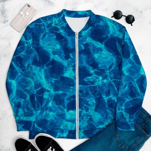 Ocean Sea Water Ripple Wave Bomber Jacket Therapeutic Zen Aqua Blue Mental Health Jacket