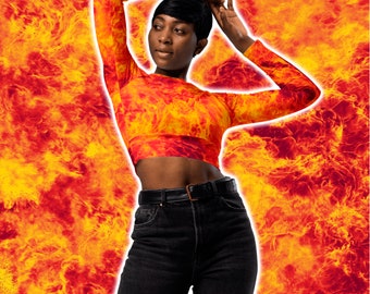 Inferno Red Fire Flame Athletic All Over Print Textured Recycled Long-Sleeve Crop Top
