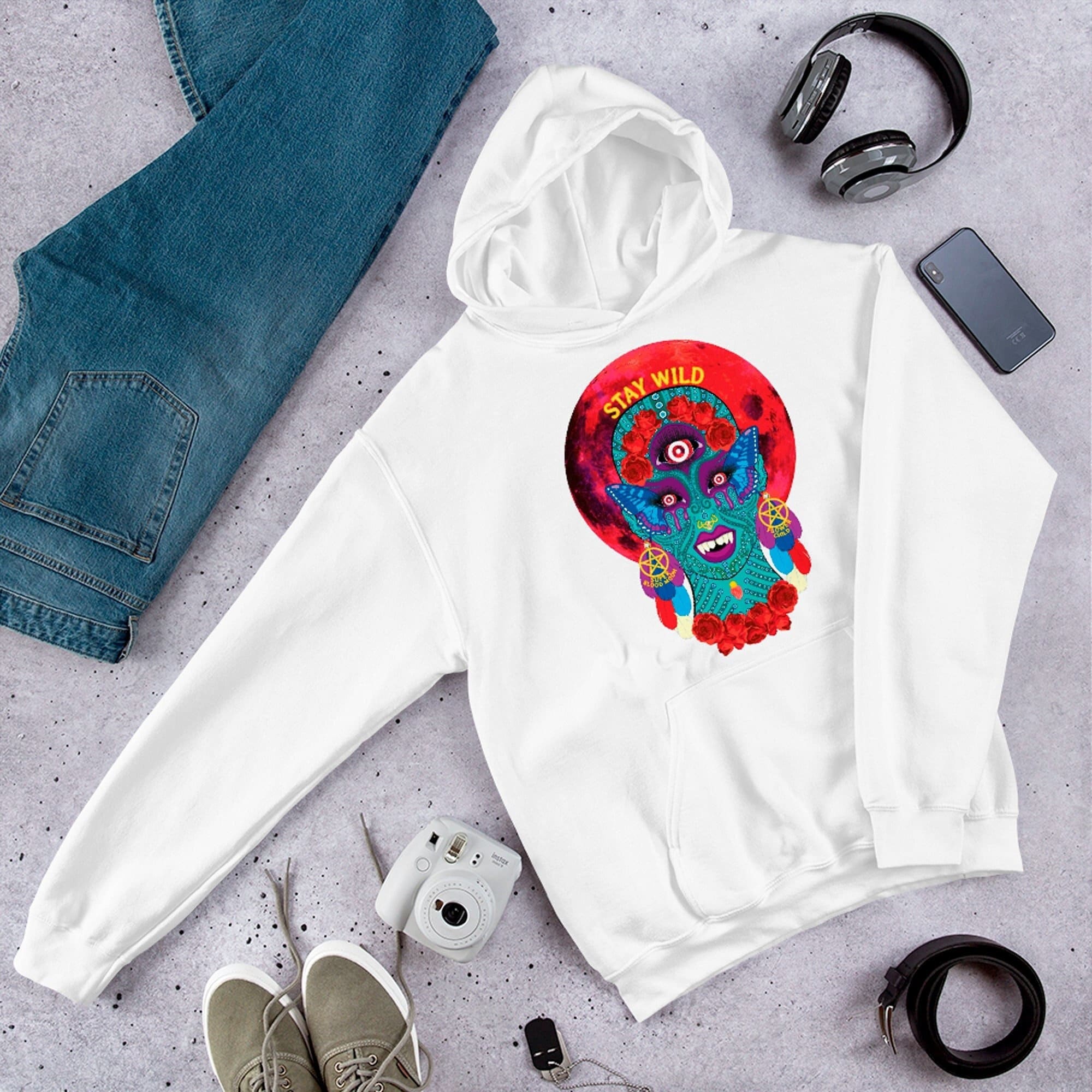 Stay Wild Super Blood Moon Flower Child Hoodie Occult Evil Butterfly Eye Pentacle Feather Rose Hoodie