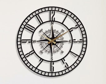 Orbis Large Metal Compass Wall Clock, Unique Design Wall Clock, Industrial Nautical Black Metal Wall Decor, Horloge Murale