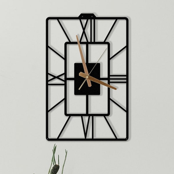 Minimalist Metal Wall Clock Oblongus, 45-60-70cm, Unique Black Decor, Large Rectangular Rustic Roman Numerals Clock