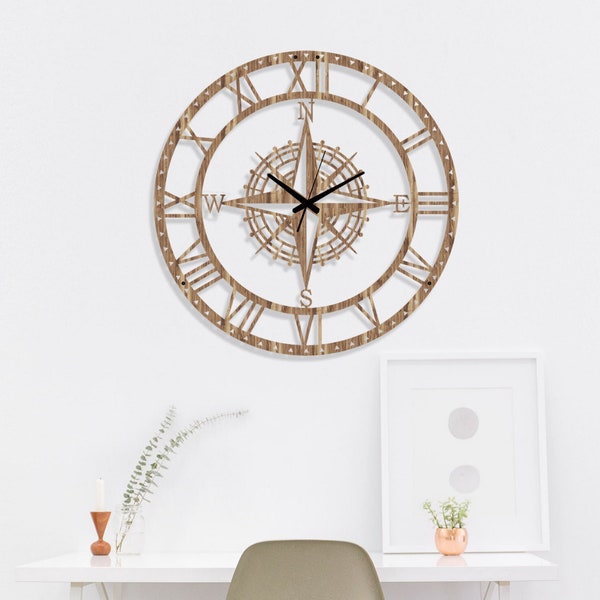 Circinus Wooden Compass Wall Clock - 3D Silent Non-Ticking Nautical Wall Clock - Large Wall Clock For Living, Kitchen, Dining Room, Bedroom