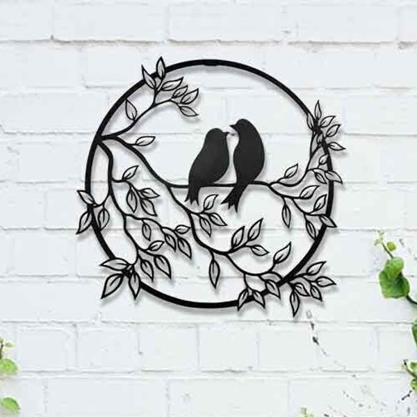 Décoration murale en métal Chic Avis - Deux oiseaux sur des branches (58 cm), oeuvre d'art, galerie suspendue bohème, décoration de jardin