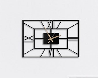 Mina Large Rectangular Metal Wall Clock, Roman Numerals, Unique Modern Design Black Office Wall Clock Horloge Murale, Black Metal Wall Decor