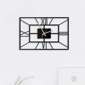 Mina Large Rectangular Metal Wall Clock, Roman Numerals, Unique Modern Design Black Office Wall Clock Horloge Murale, Black Metal Wall Decor