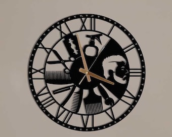 Grande horloge murale de coiffeur en métal, 45 cm, horloge murale de salon de coiffure, horloge murale de salon de coiffure, oeuvre d'art murale pour salon de coiffure, décoration murale en métal noir pour coiffeur