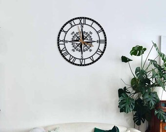 Circinus Metal Compass Wall Clock, Modern Outdoor Clock, Industrial Large Wall Clock for Patio, Horloge Murales, Black Metal Wall Decor