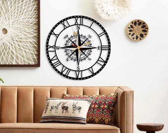 Circinus Large Modern Compass Wall Clock - Industrial Outdoor Decor - Unique Gift for Patio - Industrial Chic Home Accessory