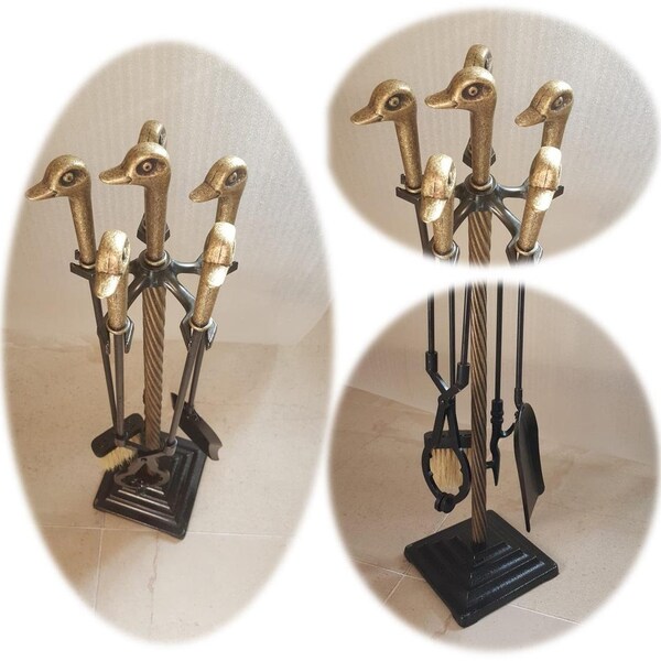 Duck Head open haard gereedschapsset, vuurpook, schop, borstel, tang, standaard, modern design metalen vuurset, open haardaccessoires
