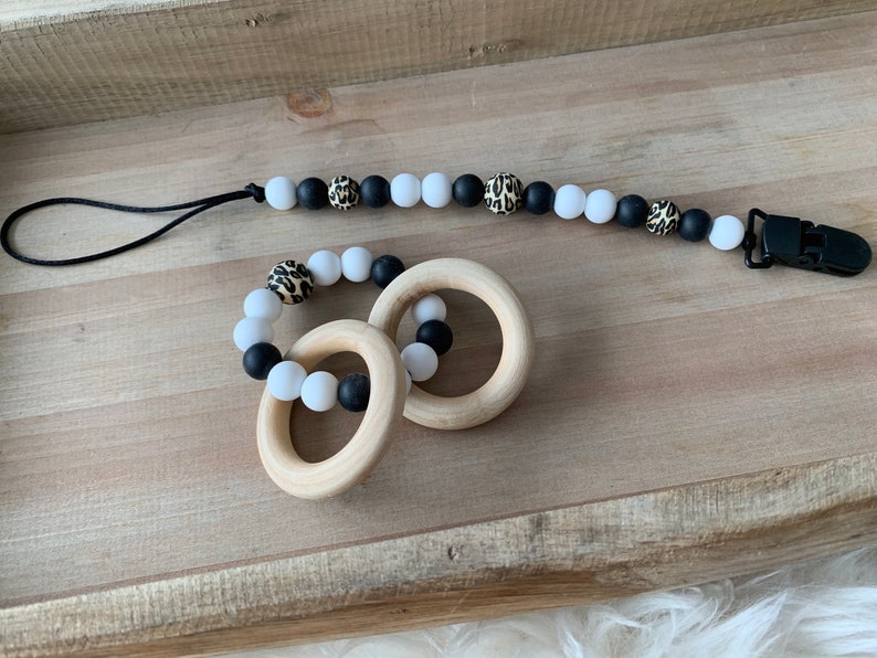 Paci Clip Baby Shower Gift Teether Pacifier Chain Binkie Clip Binky Clip Modern Wood and Silicone Pacifier Clip Rattle Pacifier Clip