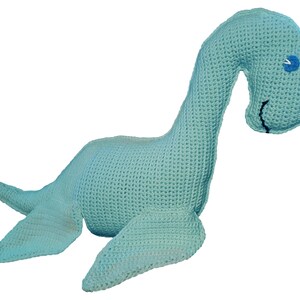May include: A crocheted light blue plush toy shaped like a sea serpent with a blue eye and a black stitched mouth.