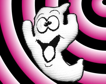 May include: A white crocheted ghost with black eyes and a wide, toothy grin. The ghost is against a background of pink and black concentric circles.