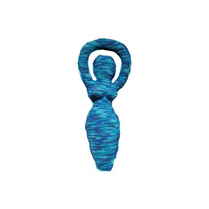 May include: A blue crocheted figurine of a woman with her arms raised above her head in a circle.