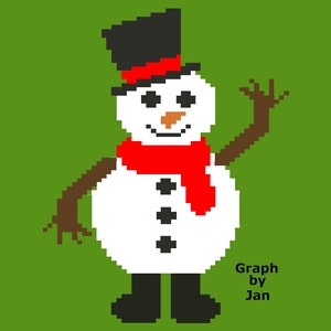 May include: A white snowman with a black top hat, red scarf, and black buttons. The snowman has a carrot nose, black eyes, and a smiling mouth. The snowman is standing on a green background. The text "Graph by Jan" is at the bottom of the image.
