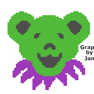 May include: Green pixel art bear with a purple ruff. The bear has a wide smile and black eyes. The text "Graph by Jan" is below the bear.
