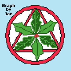 May include: A red circle with a white background and a green holly leaf design inside. The holly leaf has red berries. The text "Graph by Jan" is above the circle.