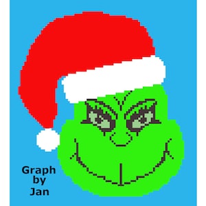 May include: A green Grinch face with a red and white Santa hat. The Grinch is smiling with a mischievous look in his eyes. The background is blue.
