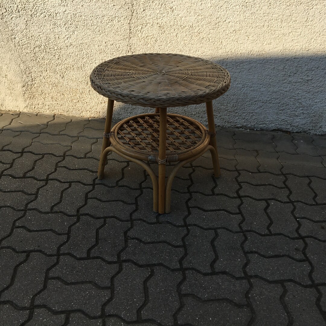 Vintage Ratan Wicker Round Coffee Table Side Flower Stand 70s Etsy