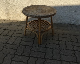 Vintage Ratan Wicker Round Coffee Table Side Flower Stand 70s Natural