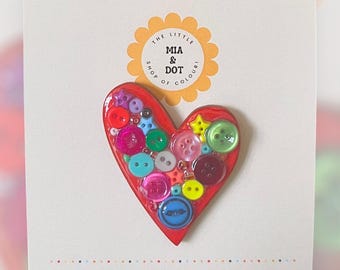 Handmade Quirky Red & Mini Buttons Wooden Heart Brooch/Pin