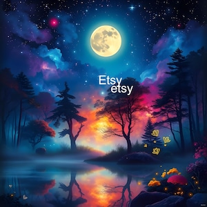 Ethereal Forest Dreamscape – Fantasy Night Sky Digital Art Print, Mystical Moonlit Landscape, Surreal Nature Wall Decor, Instant Download