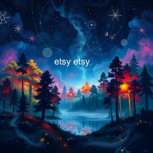 Celestial Forest Portal – Mystical Night Sky Digital Art Print, Cosmic Fantasy Landscape Wall Decor, Enchanted Lake Scene, Instant Download