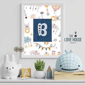 Letra B para guardería infantil, decoración con estampado del alfabeto, temática azul, para habitación de bebé niño, póster para aula de jardín de infantes, juego escolar, impresión con mayúsculas del alfabeto, arte para niños pequeños